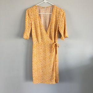 Yellow Floral Short Sleeve Wrap Dress